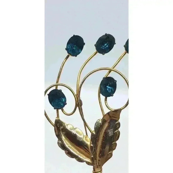 Vtg Brooch 12k Gold plate 925 Sterling Silver Blue Rhinestone Flower - Picture 3 of 9